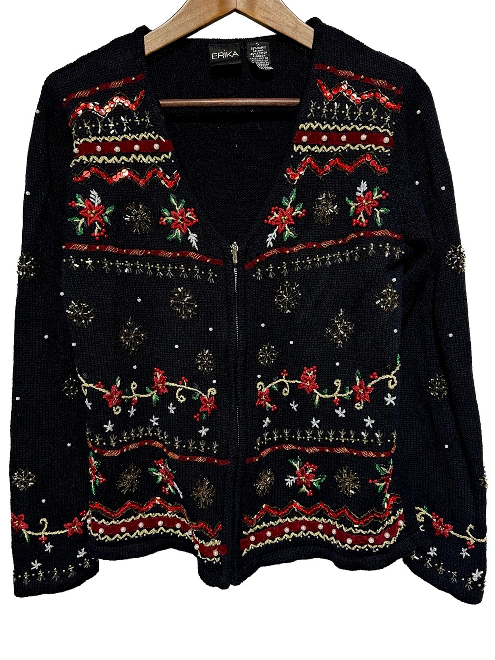 Vintage Erika Christmas Holiday Beaded Embroidered Zip Cardigan Sweater